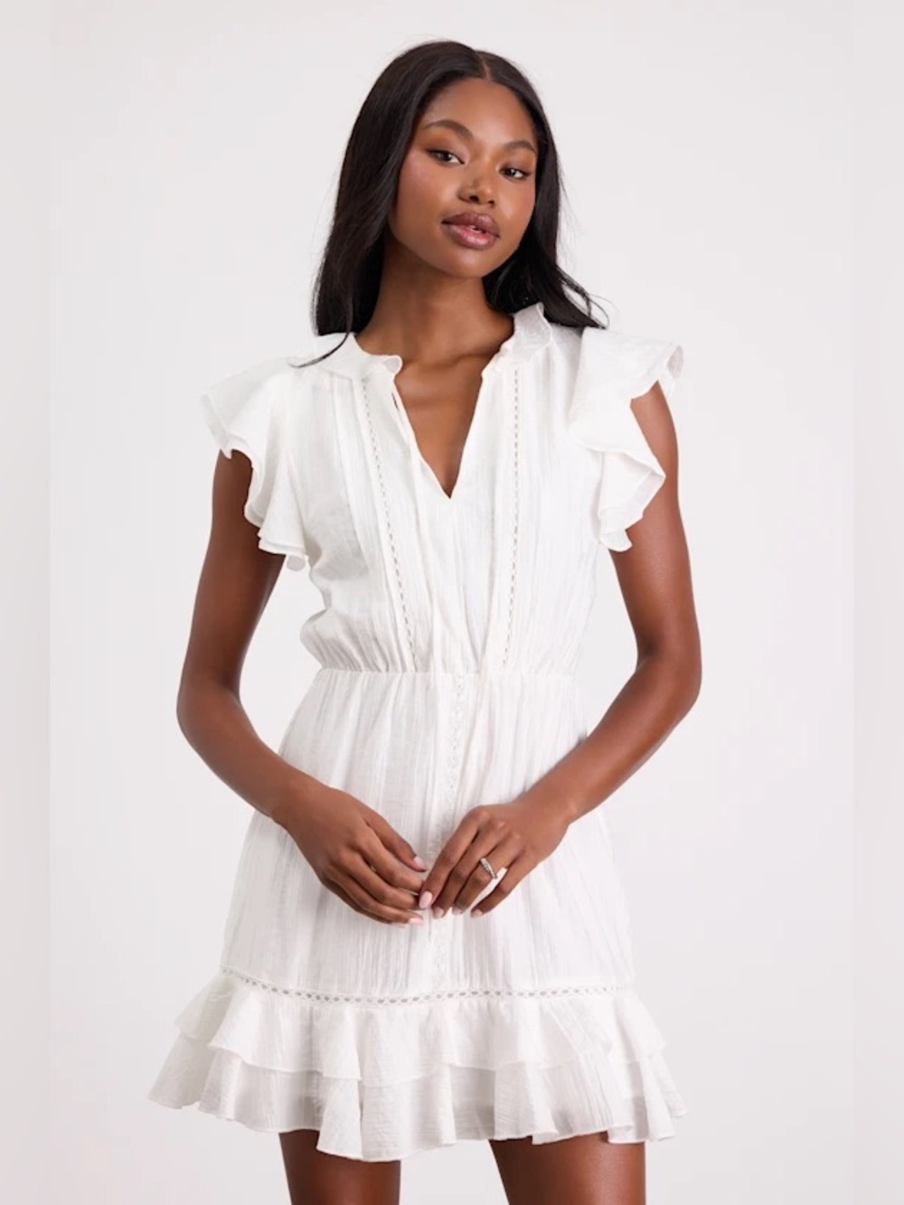 Lulus Tanaya White Flutter Sleeve Tiered Mini Dress size large white lace boho